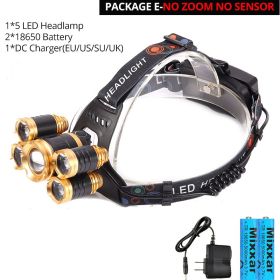 ZK25 LED Powerful Headlight headlamp 5LED Lamp Head Lamp 8000lumens Torch head light 18650 battery Best For Camping/fishing (Plug Type: EU, Emitting Color: Option E)