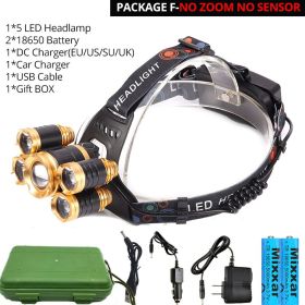 ZK25 LED Powerful Headlight headlamp 5LED Lamp Head Lamp 8000lumens Torch head light 18650 battery Best For Camping/fishing (Plug Type: EU, Emitting Color: Option F)